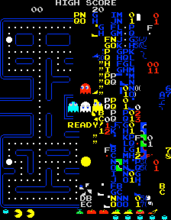 La pantalla de la muerte que aparecía al llegar al nivel 256 de Pac Man