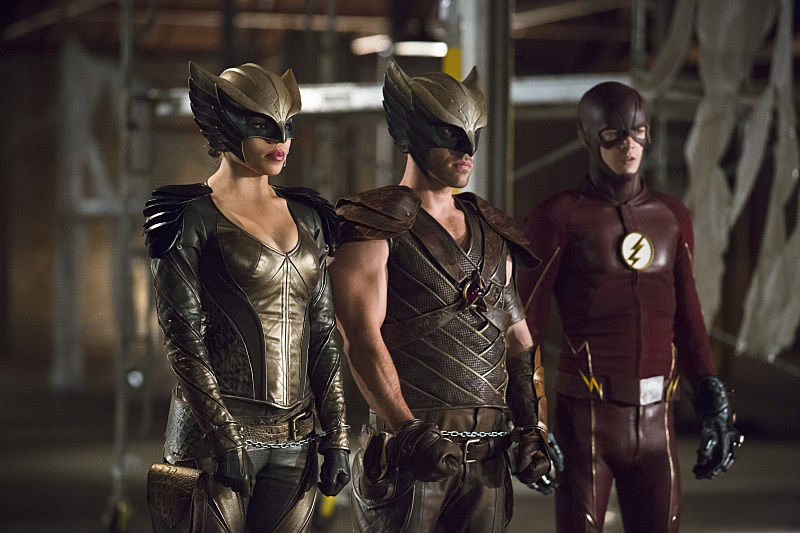 Arrow -- "Legends of Yesterday" -- Image AR408B_0166b.jpg -- Pictured (L-R): Ciara Renee as Hawkgirl, Falk Hentschel as Hawkman and Grant Gustin as The Flash -- Photo: Katie Yu/ The CW -- ÃÂ© 2015 The CW Network, LLC. All Rights Reserved.