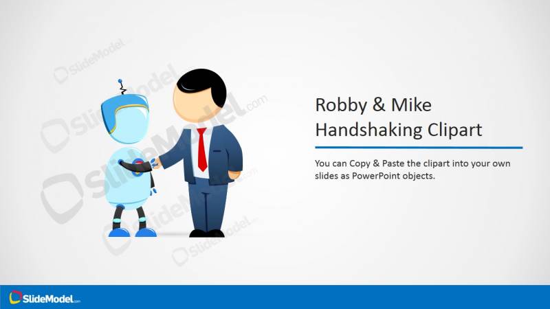 Imagen de negocios para PowerPoint con hombre de negocios haciendo trato con un robot